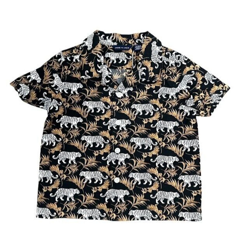Janie and Jack Jungle Tiger Poplin Shirt Short Sleeve Button Size 12 to 18 M Boy